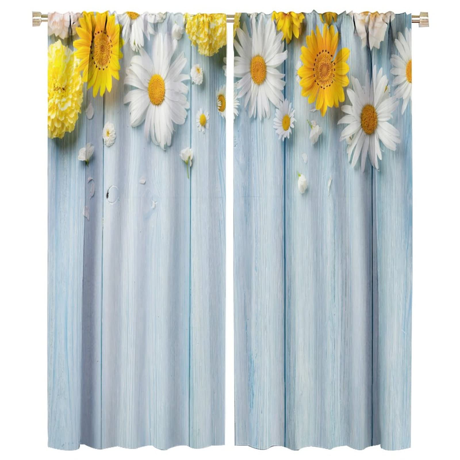 Garden Floral Window Curtains,Rustic Farmhouse Vintage Country Daisy Flowers Wood Plank Style Rod Sleeves Window Drapes for Living Room Bedroom Kitchen Bathroom Decor W42xL54in