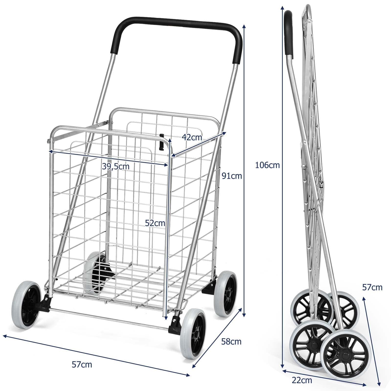 COSTWAY Klappbarer Einkaufstrolley, Einkaufswagen auf Rollen, 45 kg belastbar, 83L, Tragbarer Handwagen, Rollwagen Allzweckwagen für Wäsche, Einkaufen, Gepäck (Silber)