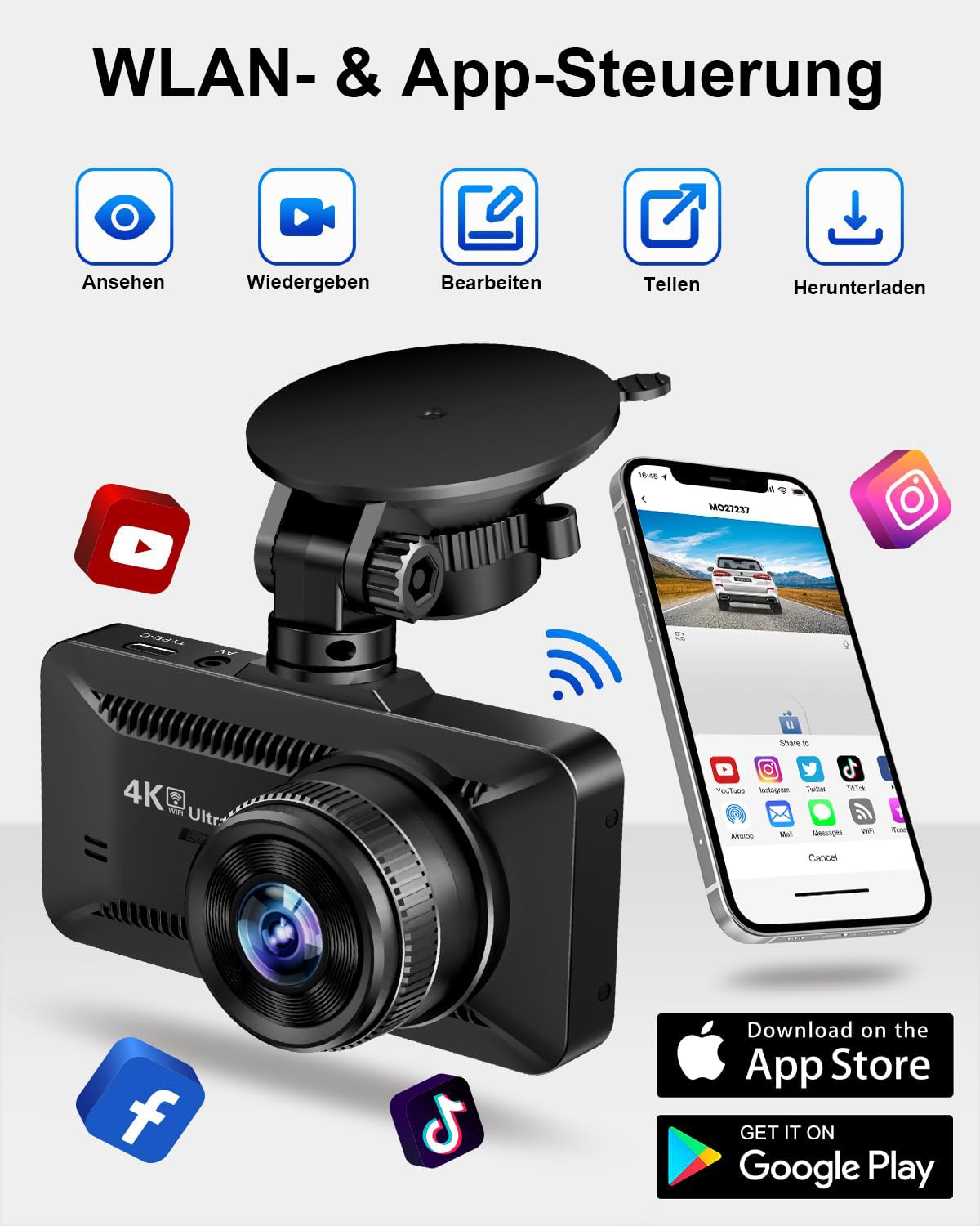 oryzoms 4K Dashcam mit 3,94" Bildschirm/Vorne & hinten/Autokamera mit 170° Weitwinkelansicht/Nachtsicht/Parküberwachung/G-Sensor –Loop-Aufnahme, ideal für sicheres Fahren