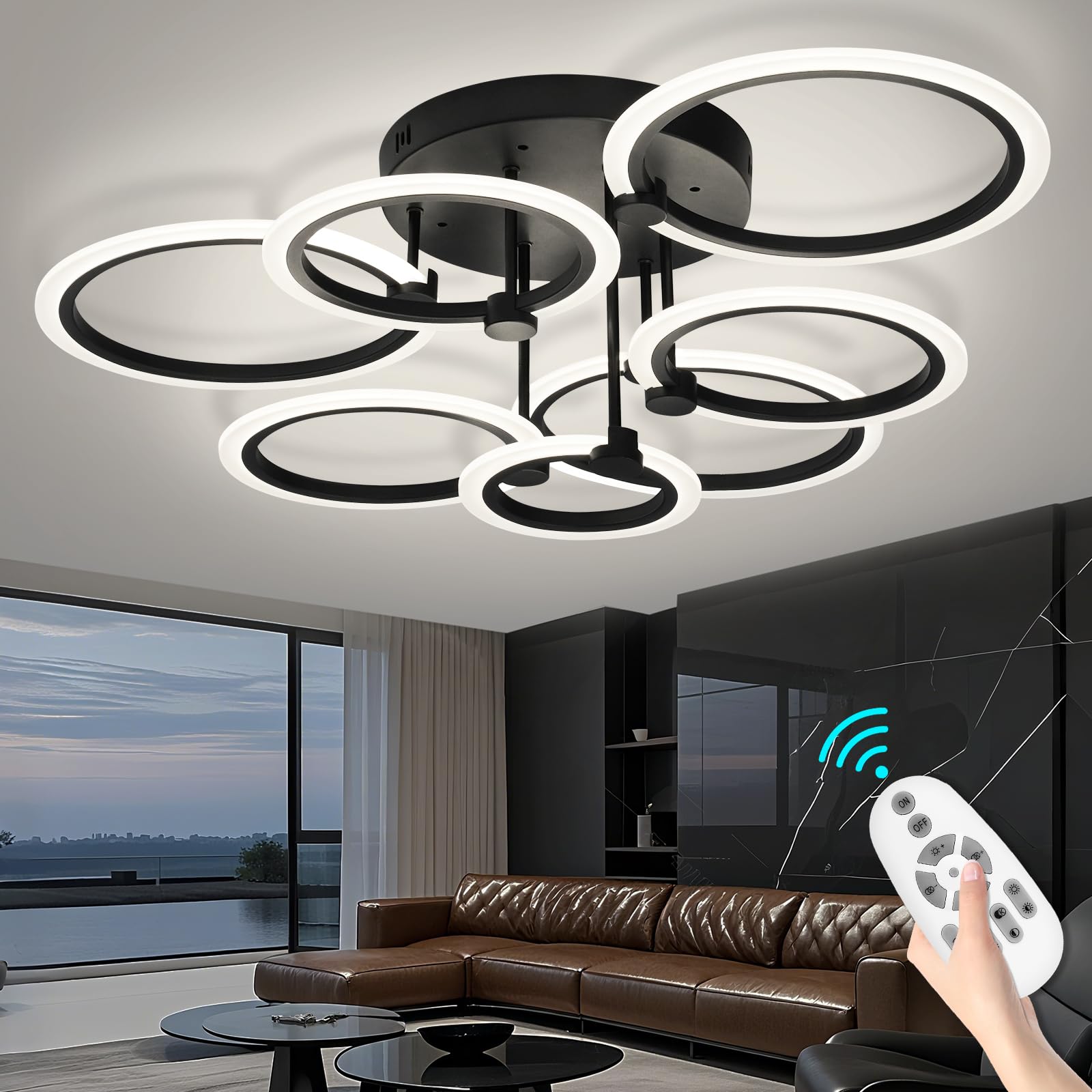 OKELI Modern LED Chandelier Ceiling Light,48W 80cm LED Aryli Modern Ceiling Lighting with Remote Control,Black Dimmable 3000-6500K,7 Ring Chandelier for Living Room,Bedroom,Dining Room,Kitchen