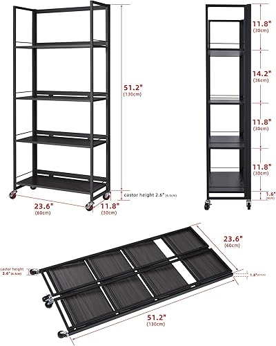 Miniatura 3 de Estantería plegable sin ensamblaje con ruedas de 4 niveles, estantería vintage multifuncional para plantas y flores (metal, gris profundo)