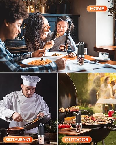 Miniatura 6 de FORLIM Gravity - Juego de molinillo eléctrico de sal y pimienta (2 millas), pimentero automático a pilas, grosor ajustable, luz LED, acero