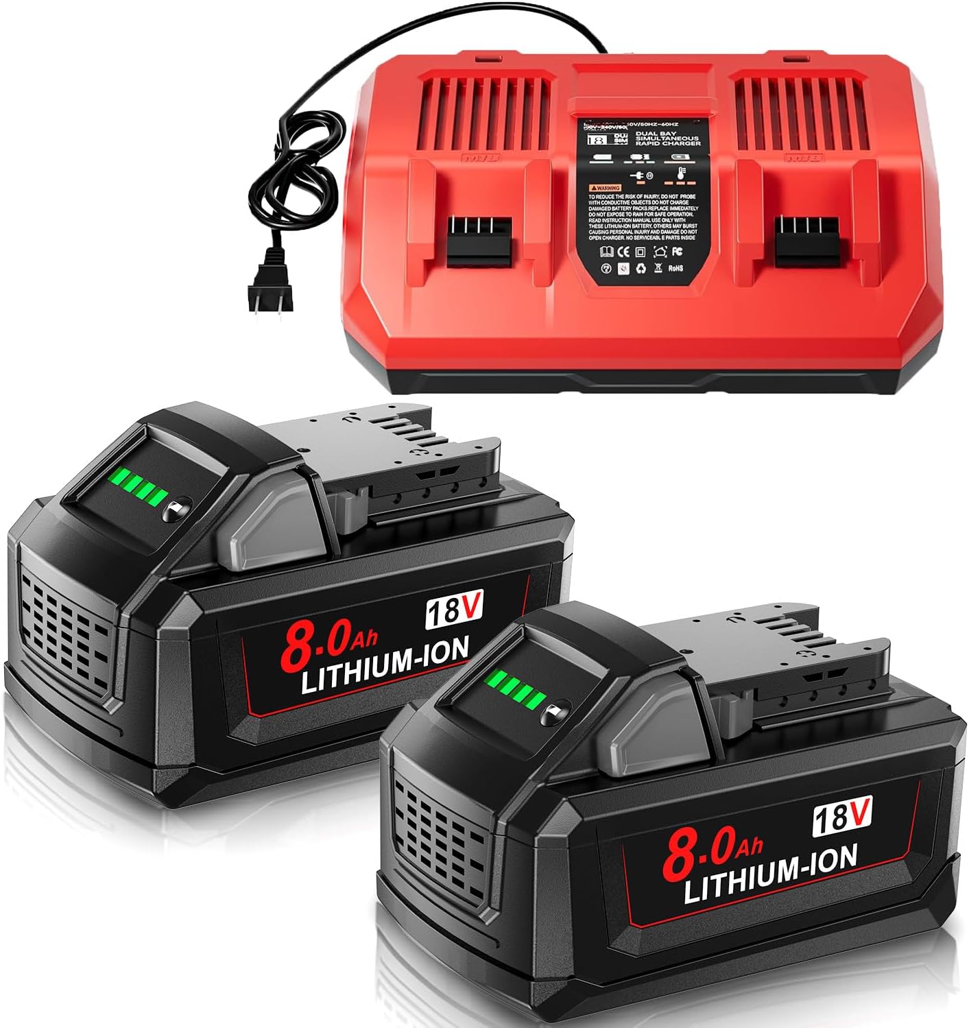 M18 Battery Replacement for Milwaukee and Dual Charger 18V Lithium 8.0Ah Compatible with 48-11-1815 48-11-1820 48-11-1840 48-11-1850 48-11-1860 Cordless Tools 2Pack