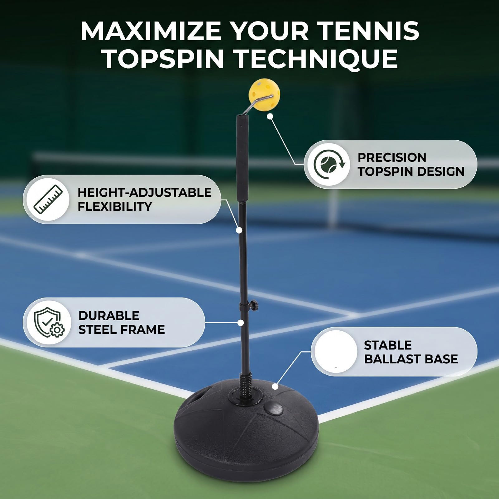 Allenatore da Tennis Topspin, Altezza Regolabile da 75 a 100 Cm, Attrezzatura per Allenamento da Tennis con Design di Rimbalzo, Dispositivo per Allenarsi con Base di Riempimento con Sabbia e