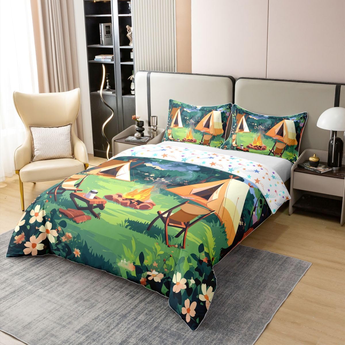 Loussiesd Juego de funda de edredón 100 % algodón, tamaño King, funda de edredón Happy Camping para niños y niñas, juego de ropa de cama de 3 piezas, accesorios de caravana, decoración de habitación