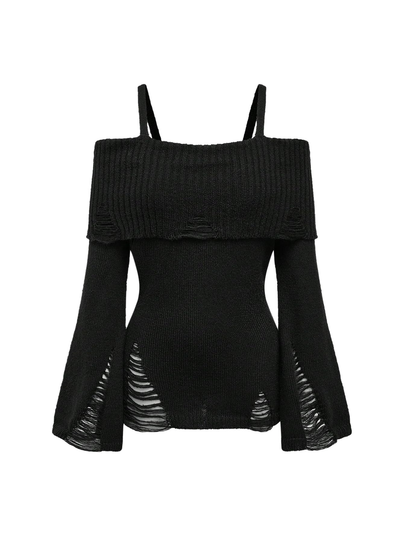 SOLY HUX Womens Cold Shoulder Ripped Sweater Goth Punk Long Sleeve Fitted Jumper Pullovers