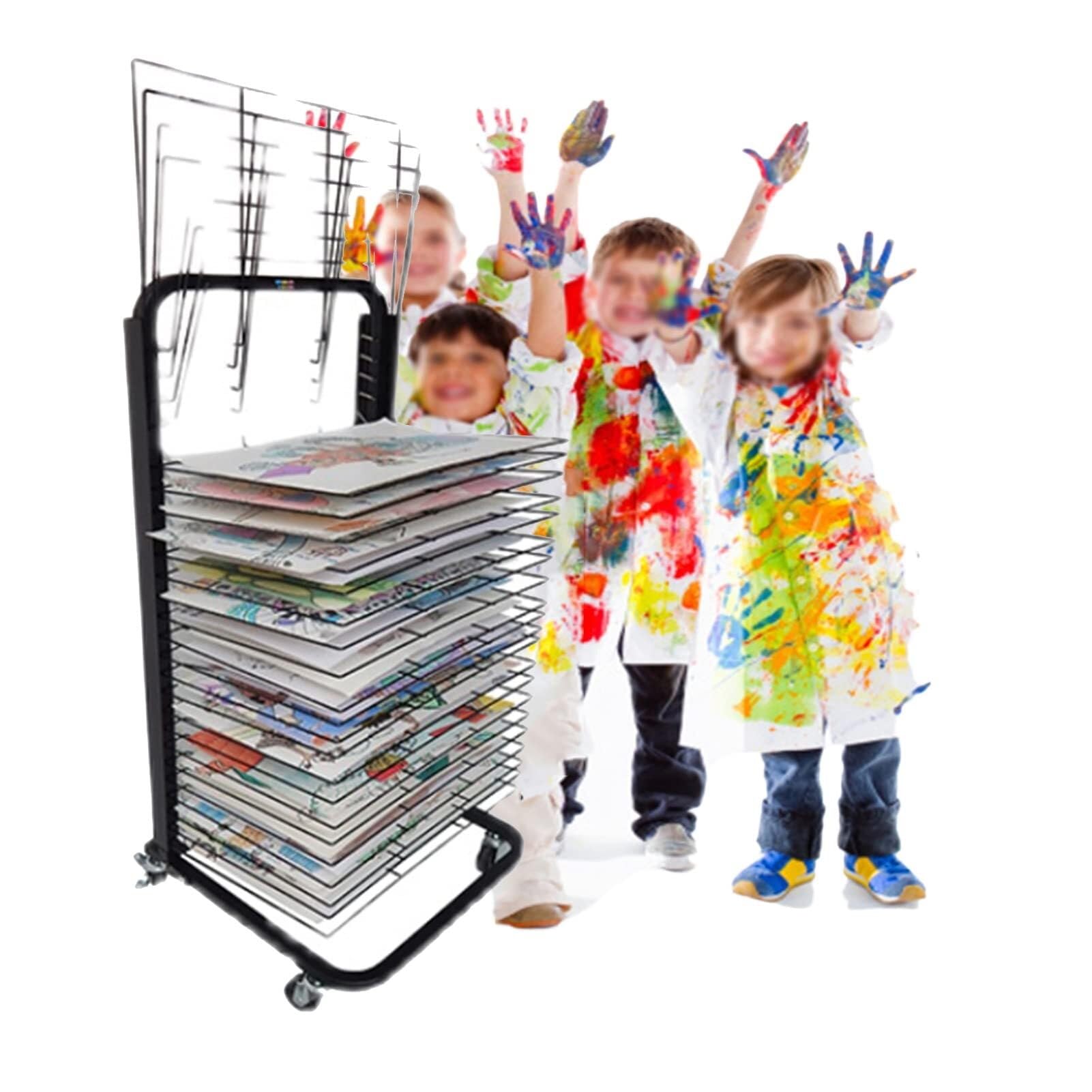 Aioneer Art Drying Rack With 20 Shelves, Black Powder Coating, Mobile Art Shelf Storage Rack On Wheels, Ideal For Schools & Art Clubs, H78Cm