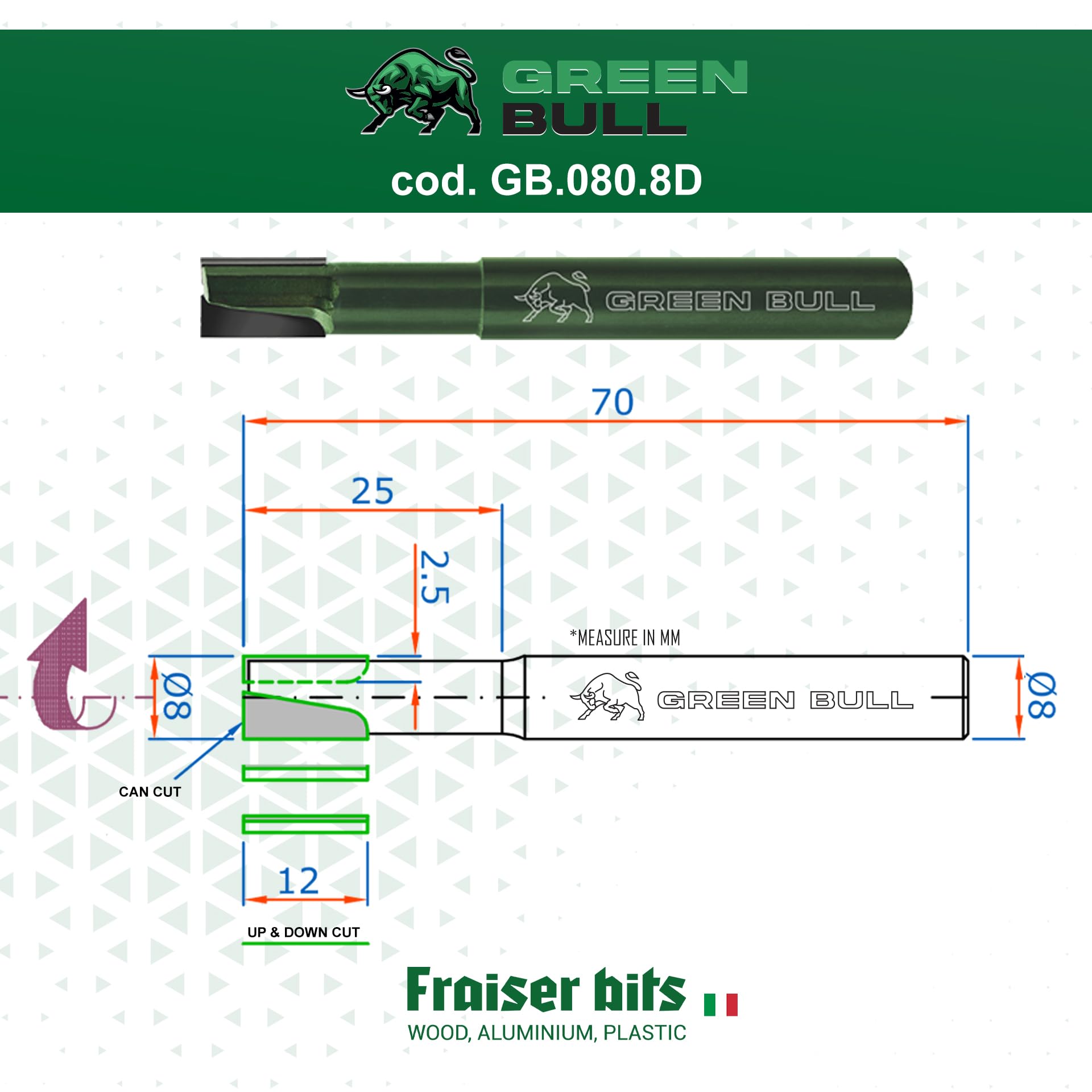 Fraiser Green Bull - fresa multimateriale con taglienti in diamante per taglio e scanalatura, gambo 8mm, diametro 8mm, profondità utile 12–25mm - per legno, plastica, leghe leggere