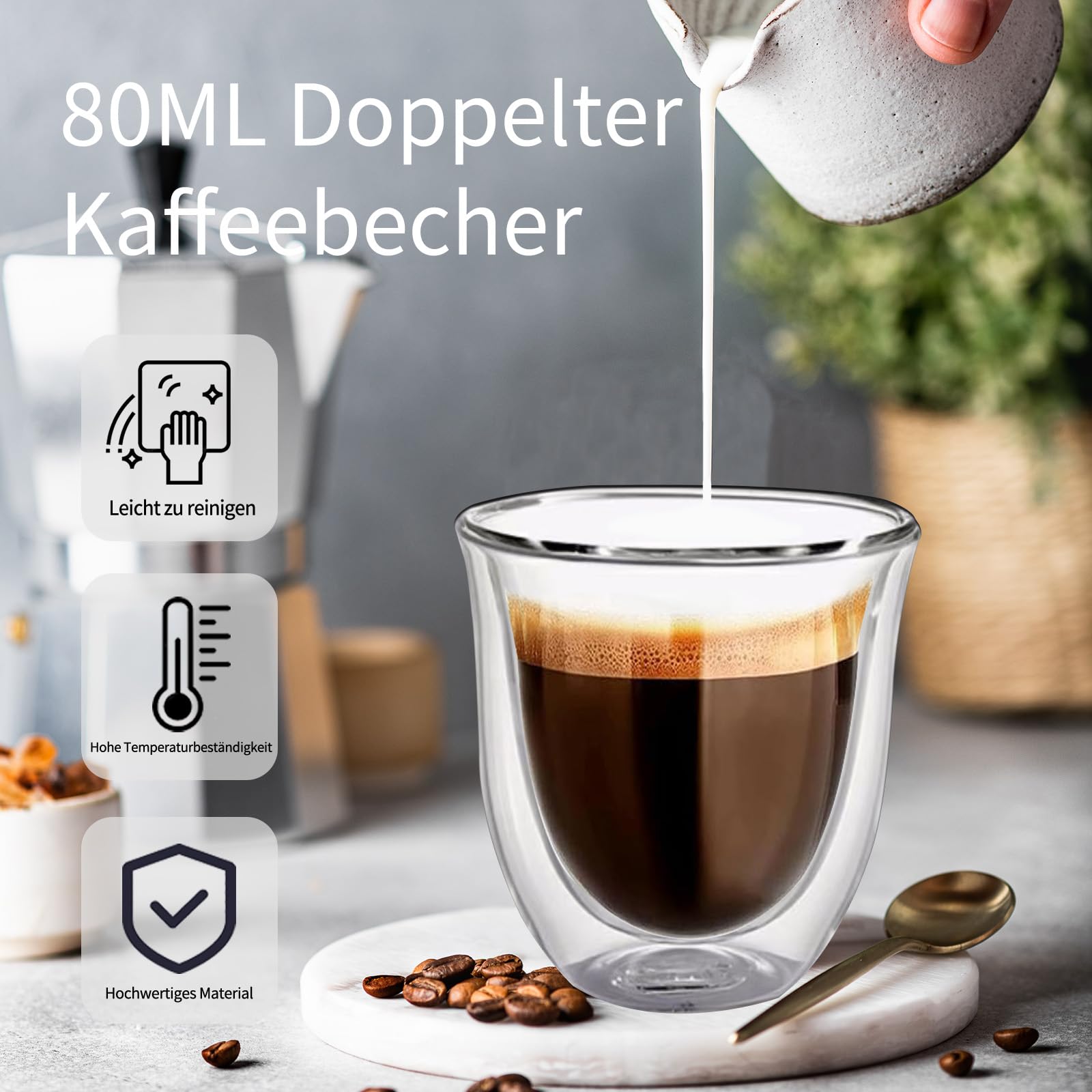 Espressotassen Glas 80 ml 6er Set – Doppelwandige Espressogläser aus Borosilikatglas, Isolierend & Hitzebeständig, Espresso Gläser für Espresso, Cappuccino & Mokka, Spülmaschinenfest