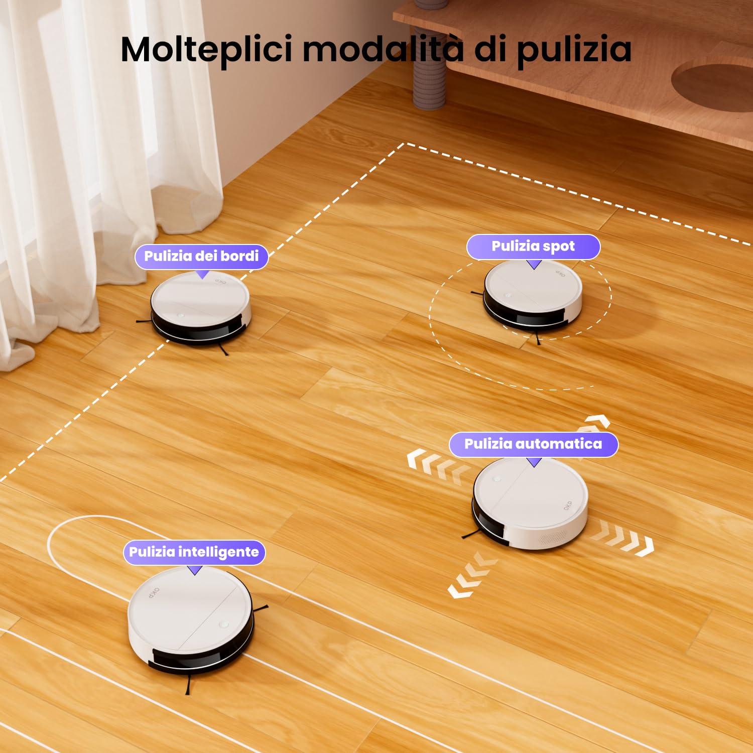 OKP K5 Aspirapolvere Robot, 2500 Pa, Autonomia 120 Minuti, Ultra Sottile 7,5 cm, 4 Modalità di Aspirazione, Anti-groviglio, Ideale per Peli di Animali e Pavimenti Duri, WiFi/Alexa/App, Bianco
