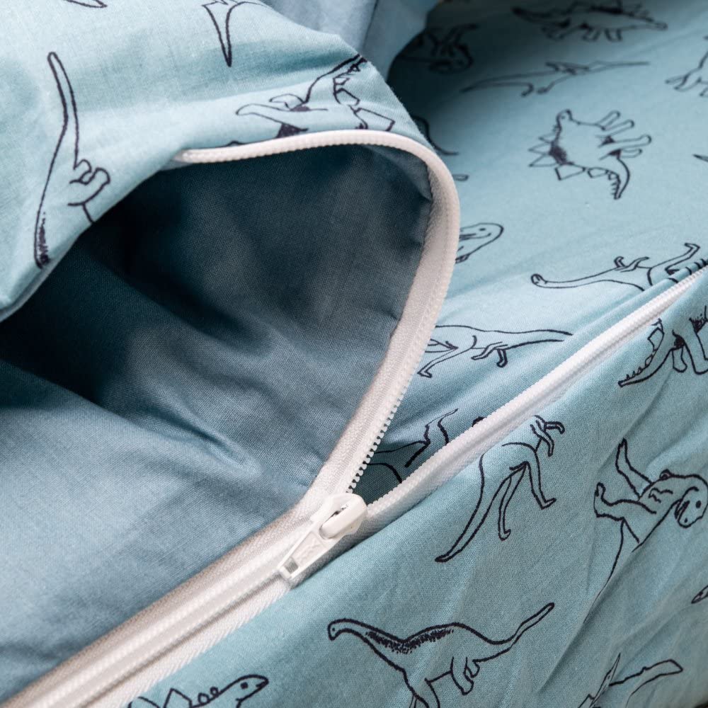 Caradou Parure de Lit Enfant T-Rex, 3 Pièces sans Couette, 90x190 cm, Coton, Bleu Vert