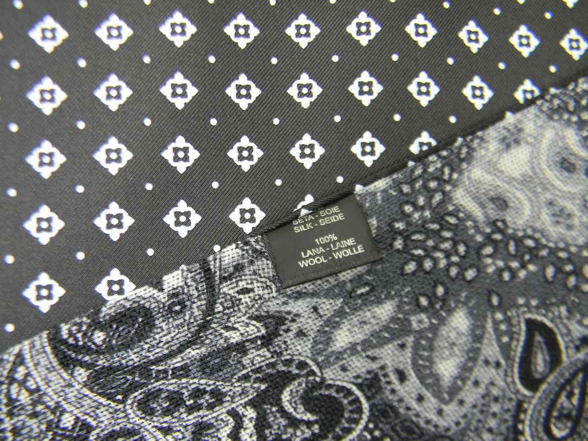 Avantgarde Sciarpa double seta lana nera uomo silk wool scarf doppia disegni bianchi grigi colore nero fantasia 2