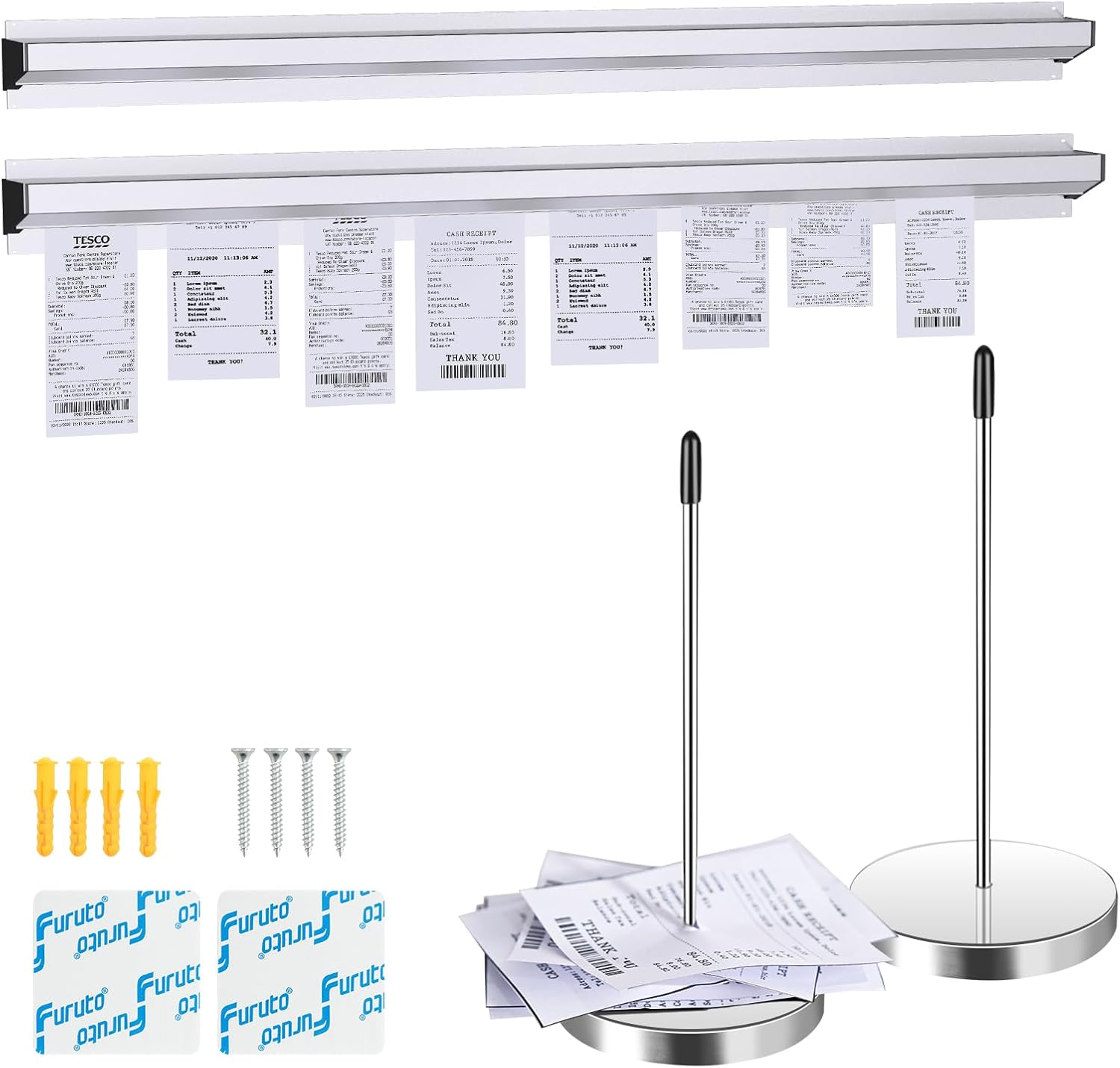 2 Pieces of 36-inch Aluminum Sliding Restaurant Order Ticket Clip Rails, with 2 Receipt Ticket Clip pins, Suitable for Restaurant, cafe, Kitchen, Office, bar memo Organizer