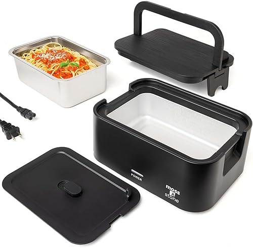 Moss & Stone Fiambrera eléctrica negra para adultos, calentador portátil de 80 W para el trabajo con recipiente de acero inoxidable 304 de 0.9 L,