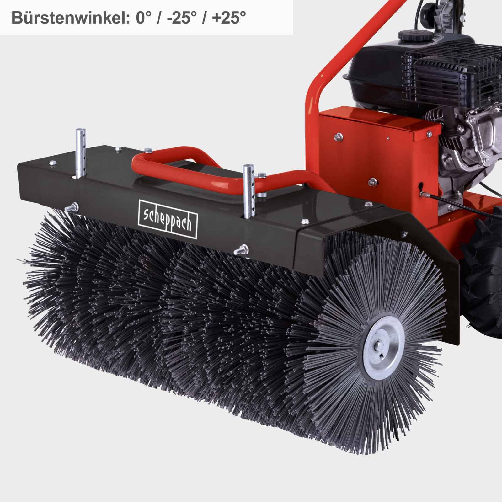 Scheppach Benzin Kehrmaschine SC2700P inkl. Schneeschild & Auffangbehälter | Schneefräse mit 700mm Kehrbreite | Flächenleistung 3000 m²h | Bürsten-Ø 350mm | 4,1W / 5,5PS | 1x Vor- 1x Rückwärtsgang