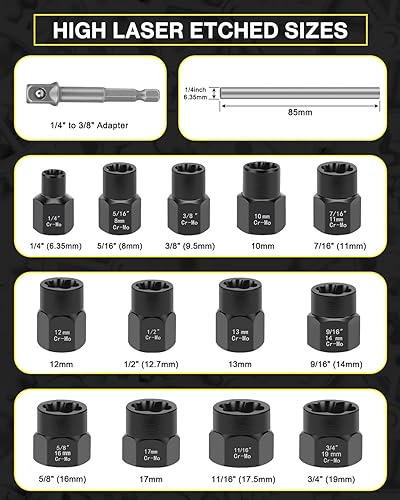 Miniatura 2 de Lytool Kit extractor de pernos, juego de 13 piezas de extractor de pernos de impacto y tuercas con adaptador de 38 pulgadas, removedor de tuercas