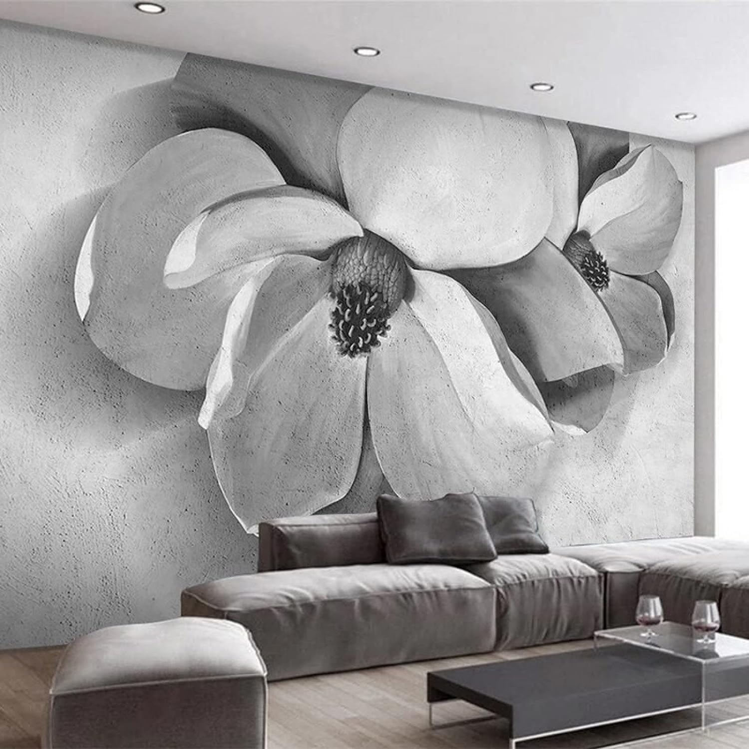 Papier peint autocollant 3D fleurs grises grand format décor mural tv