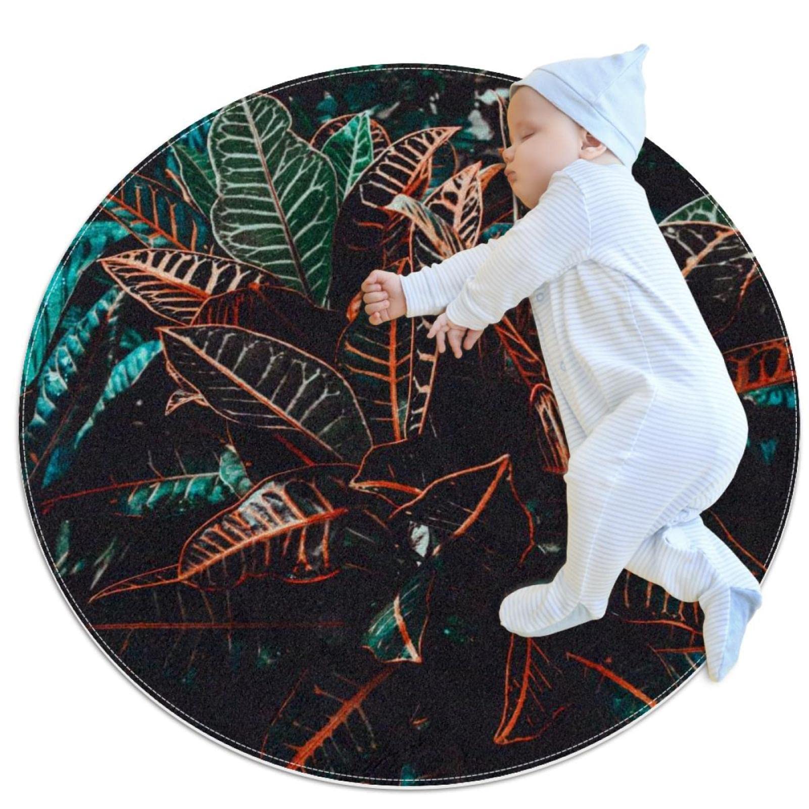 Tapis de salle de bain noir motif tropical 1m | Tapis rond antidérapant chambre