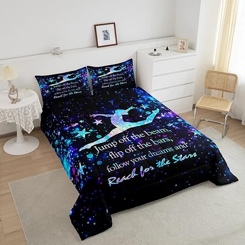 Miniatura 3 de Juego de edredón para niños con silueta de gimnastas tamaño queen, juego de ropa de cama romántica con diseño de cielo estrellado y galaxia, para