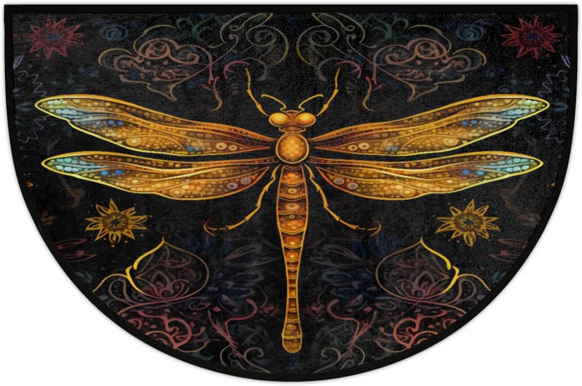 Pardick Half Round Door Mat Retro Gold Dragonfly Butterfly Anti-Slip Semi Circle Rug 24X36 Indoor Door Mat Half Moon Bath Mat, Washable Decorative Floor Mat for Kitchen Bathroom Hearth Fireplace