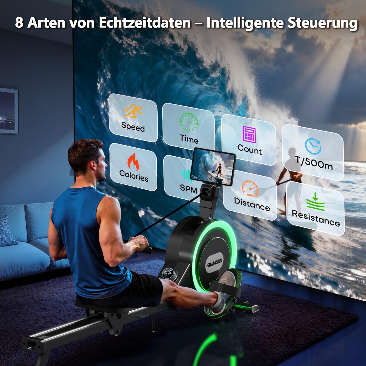 DMASUN Rudergerät für Zuhause, Magnetisches Rudergerät mit Upgrade Doppel-Slide-Rails, APP-Verbindung, 32 Widerstandsstufen, LCD-Datenanzeige, ideal für Cardio-Training, Belastbar bis 160kg