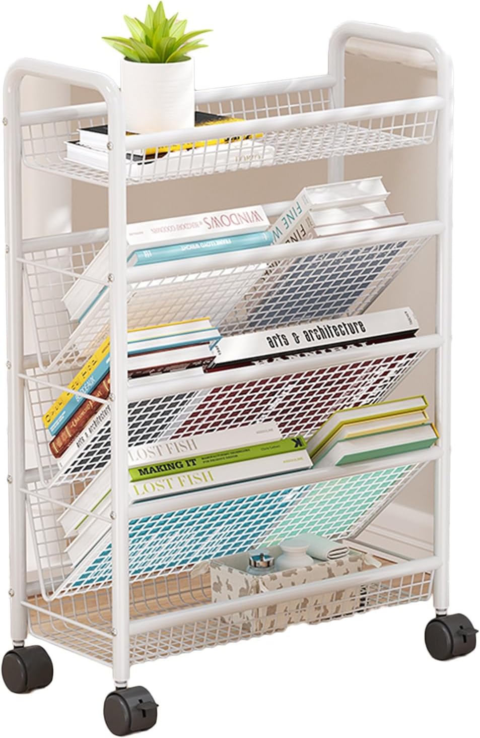 5-Tier Mobile Bookshelf Cart, Rolling Bookshelf Cart Office Paper Organizer Double Sided Storage Corner Display Rack Magazine Rack for Narrow Spaces,Black,42.5x19x65.5cm