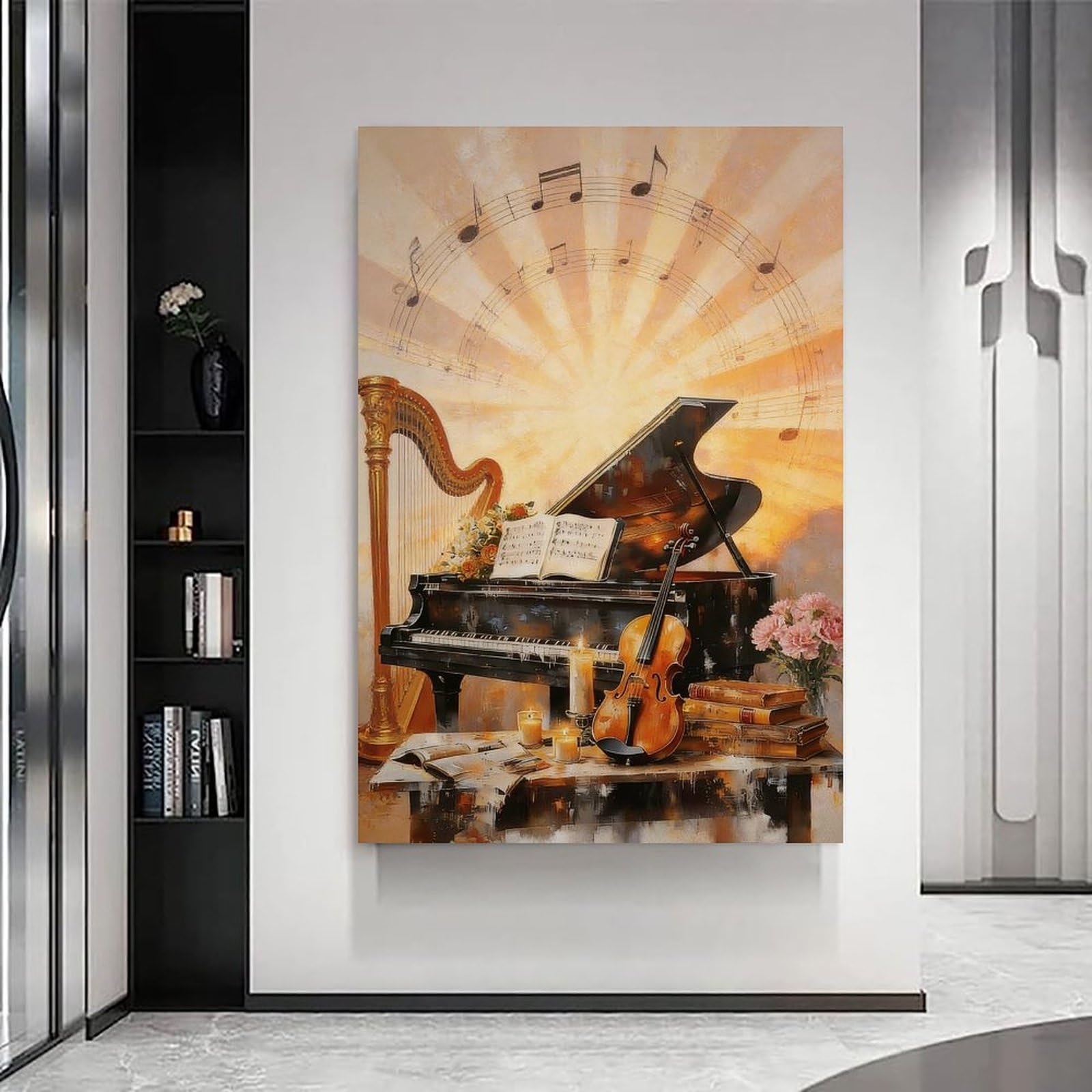 Stampa artistica da parete su tela, motivo: pianoforte, violino, musica a tema jazz, decorazione artistica da parete per soggiorno, bagno, camera da letto, casa, 50 x 75 cm