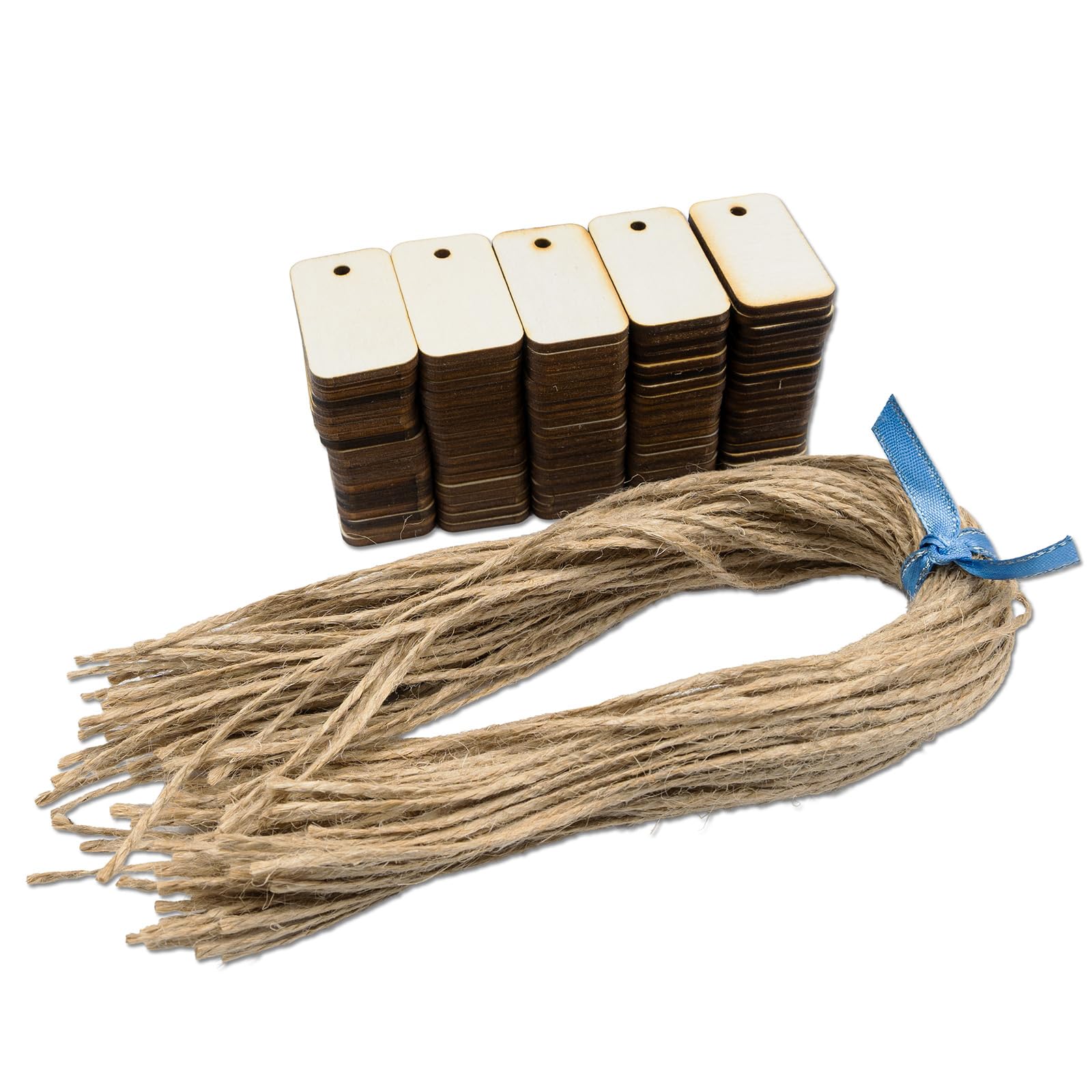 Summer‑Ray 100pcs Tiny Blank Wooden Tags with 100 Jute Twines – Laser‑Cut Mini Plywood Tags for Price Labels, Bottle Identification & DIY Crafts