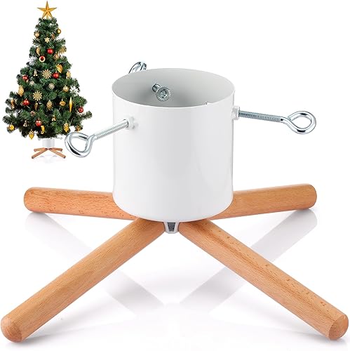 Soporte para árbol de Navidad para árboles vivos, color blanco, resistente, base de árbol de Navidad de madera y metal, estilo moderno, base para