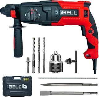 IBELL RH26-82 Rotary Hammer Drill | 850W | 3J | 26mm SDS Plus | 0-900 RPM | 4000 BPM | 26mm Concrete | 68mm Masonry | 30mm wood | 13mm Steel | 3.5Kg | 13 mm adittional chuck & bits- 1 Year Warranty
