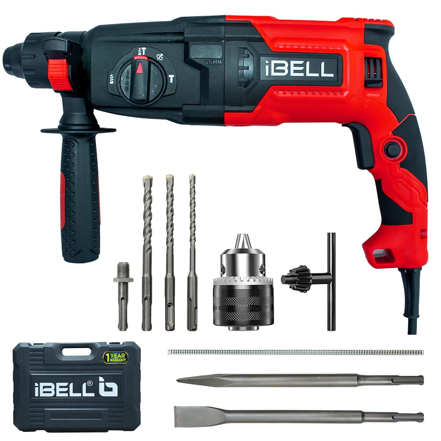 IBELL RH26-82 Rotary Hammer Drill | 850W | 3J | 26mm SDS Plus | 0-900 RPM | 4000 BPM | 26mm Concrete | 68mm Masonry | 30mm...