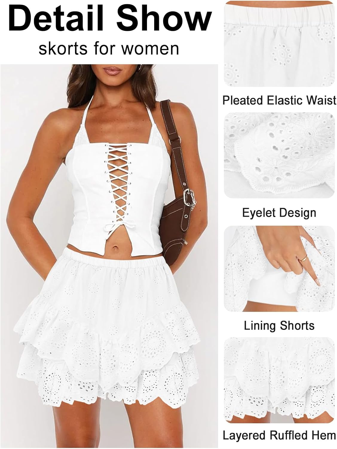 Women's Mini Skirts for Women High Waist Ruffle Skirt Smock Eyelet Solid A Line Summer Party Beach Short Skort - Image 3