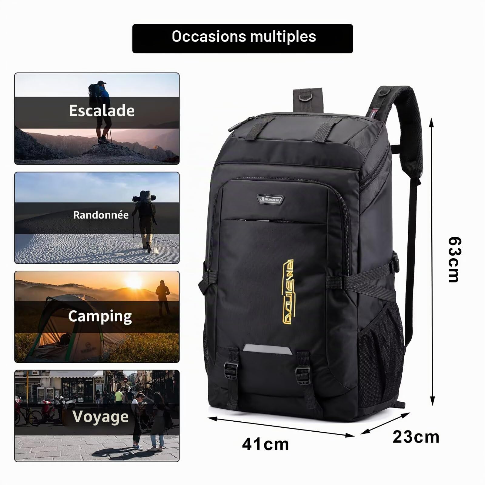 Sac à dos de randonnée imperméable de 80 L - Noir - Pour homme et femme - Grand sac à dos pour randonnée, escalade, sport de plein air
