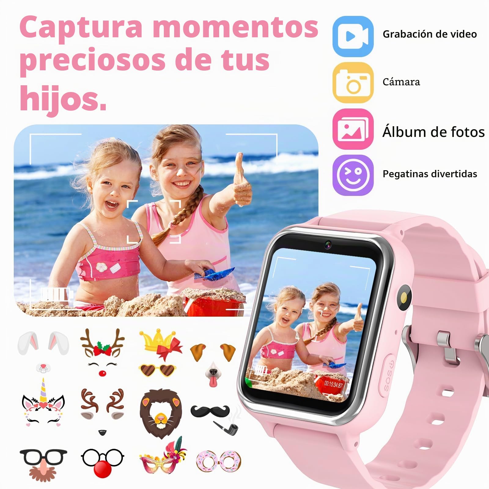 PTHTECHUS Smartwatch Niños, Reloj Inteligente niño con 13 Juego, podómetro, Cámara, Grabación de vídeo, Música, SOS, Linterna, Despertador, Reloj Teléfono para Niños y Niñas 4-12 Años (Rosa)
