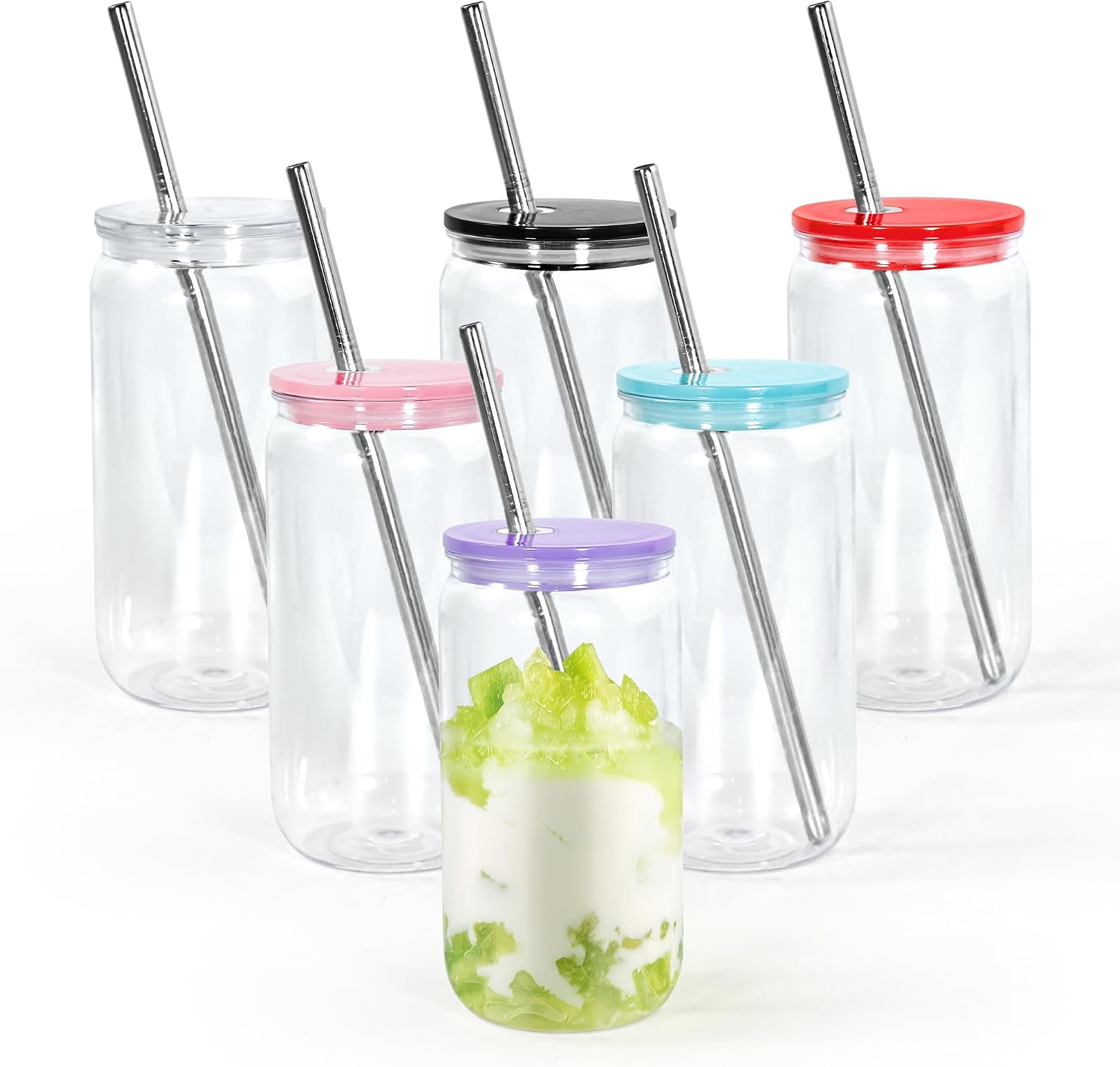 16oz Acrylic Mason Jar Cups, Clear Cups with Bamboo Lids and Straws, Iced Coffee Cup Drinking Glass Tumbler for Whiskey, Soda, Tea, Juice, Gift, 6pcs