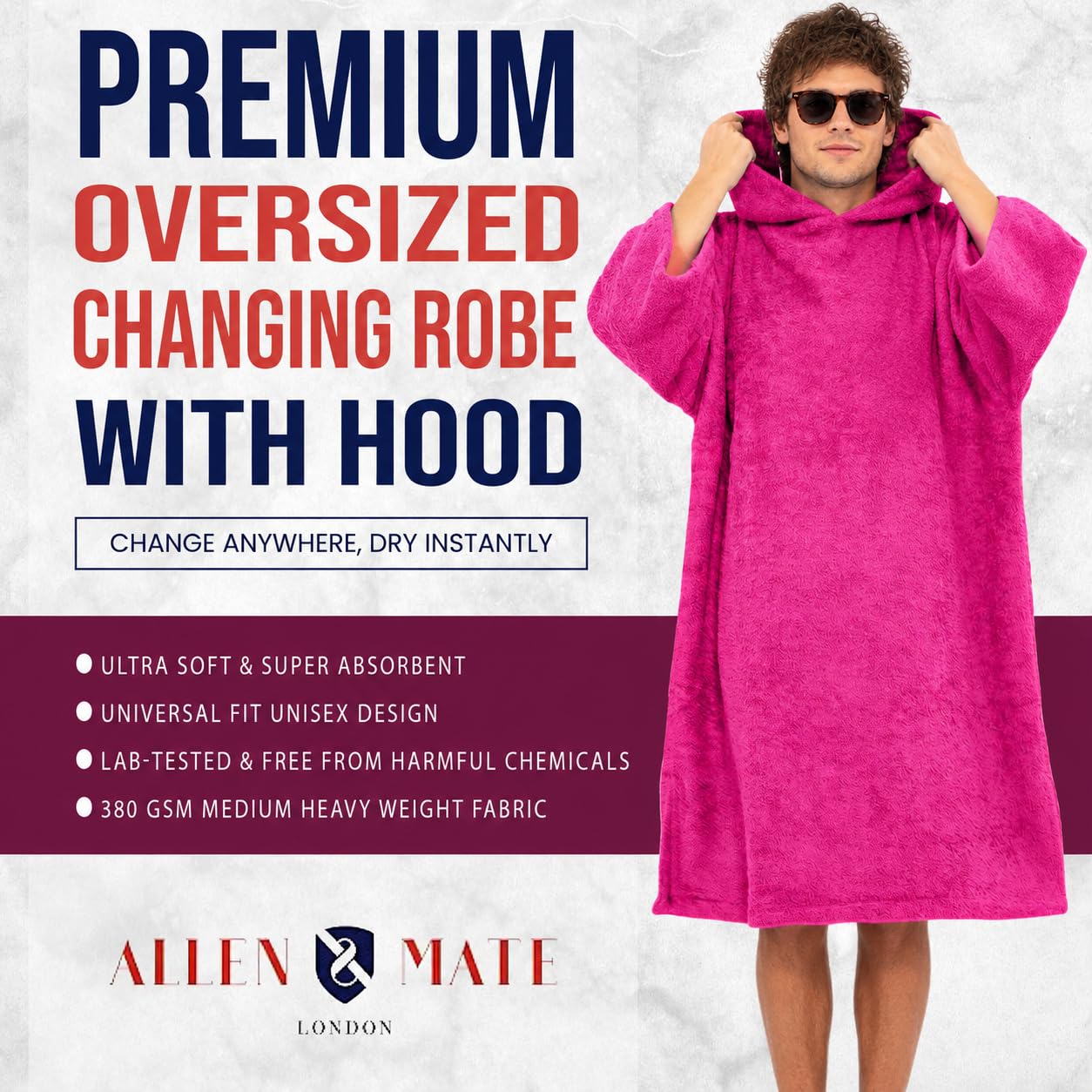 ALLEN & MATE Asciugamano poncho con cappuccio per adulti, 100% spugna di cotone, accappatoio con cappuccio e tasche, per spiaggia, nuoto
