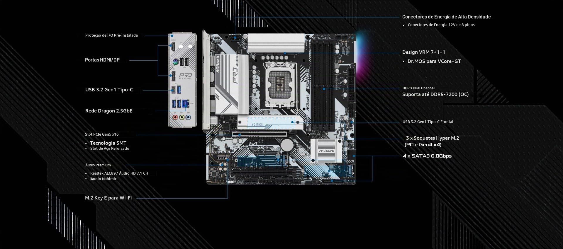 ❣️まる❣️ Placa Mãe ASRock B760M Pro RS LGA 1700 DDR5 M.2 HDMI DP USB 3.2