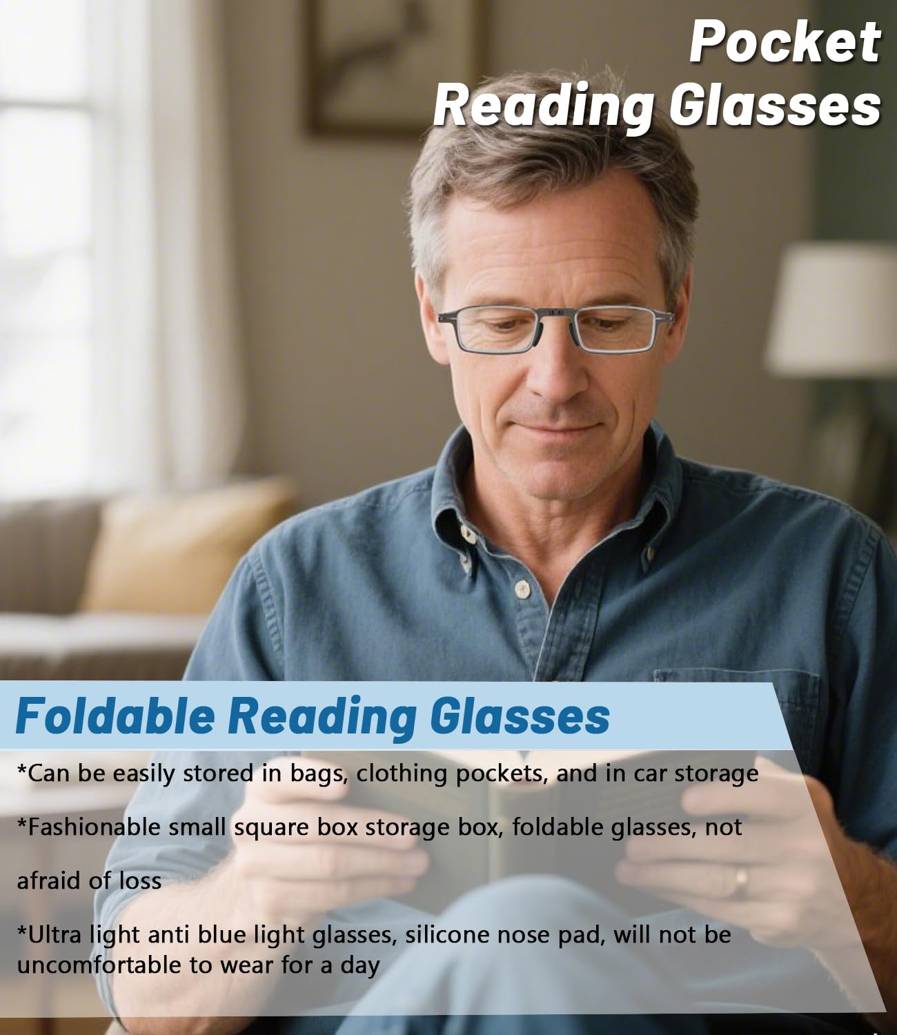 Hubeye Gafas de lectura plegables de metal para hombres y mujeres con bisagras de resorte Anteojos de lectura anti luz azul con estuche de metal portátil