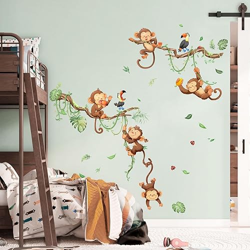 Miniatura 3 de Calcomanías de pared de árbol trepador de mono, animales de la selva y hojas de vid, calcomanías de pared para guardería, habitación de los niños,