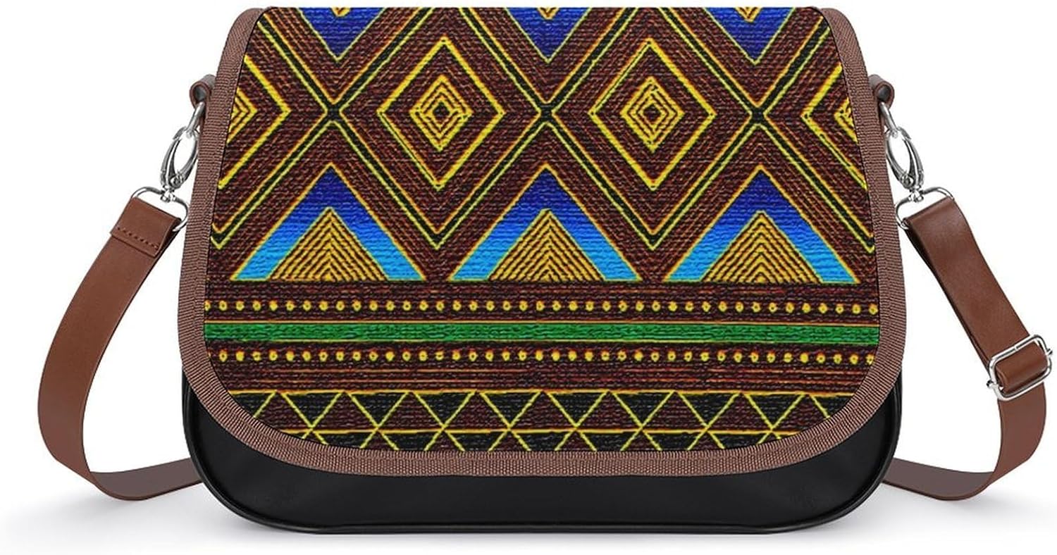 Afrocentric Tribal MotifWomen's Faux Leather Crossbody Bag, Waterproof Wrinkle-Resistant Shoulder Bag with Detachable Strap, Large Capacity Casual Handbag, Fashion Daily Purse for Shopping Work Dating