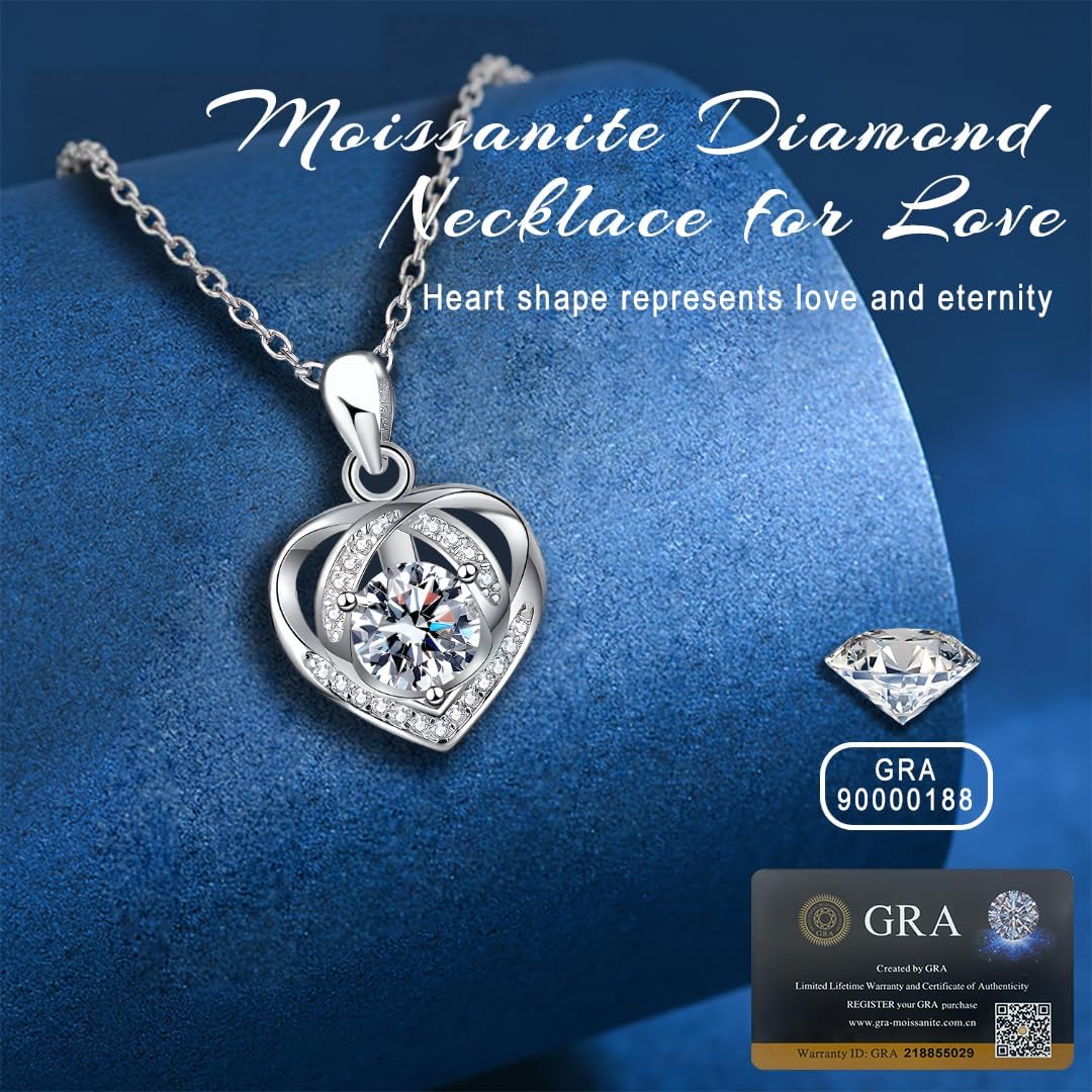 Heart Moissanite Necklace for Women, D Color VVS1 Clarity Sterling Silver Promise Pendant with GRA Certificate, Gift for Her Wife Girlfriend Mom on Anniversary Birthday - Image 3