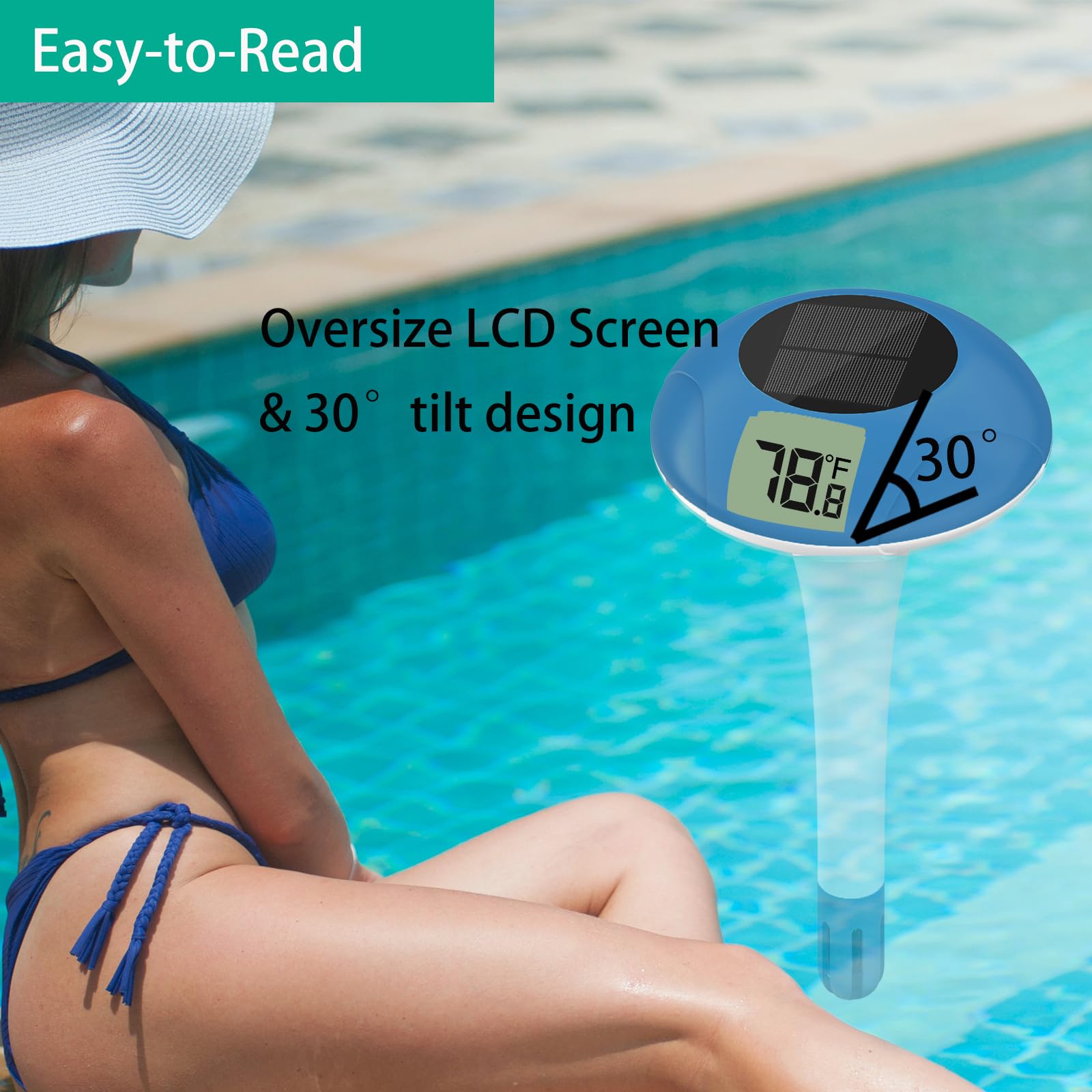 Thermomètre de piscine numérique à énergie solaire, flottant et facile à lire, étanche IPX-8, bleu marine