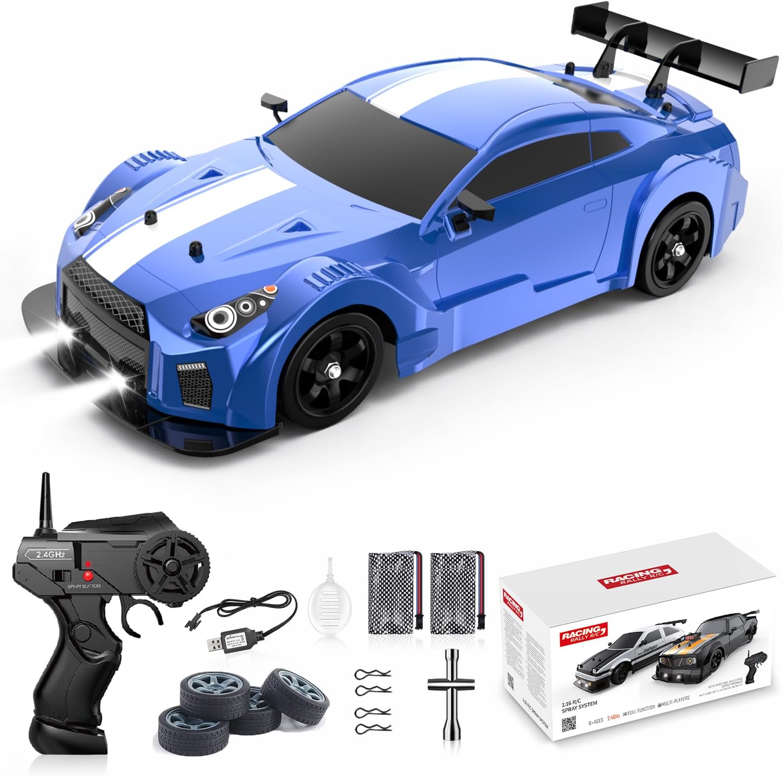 RC Drift Car 1:16 Scale 4WD 18KM/H with LED Lights Rubber Tire Racing Sports Toy for Boys Girls Gift