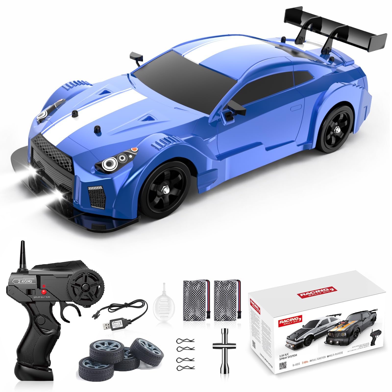 Desdoni RC Drift Car 1:16 Scale 4WD 18KM/H with LED Lights Rubber Tire Racing Sports Toy for Boys Girls Gift