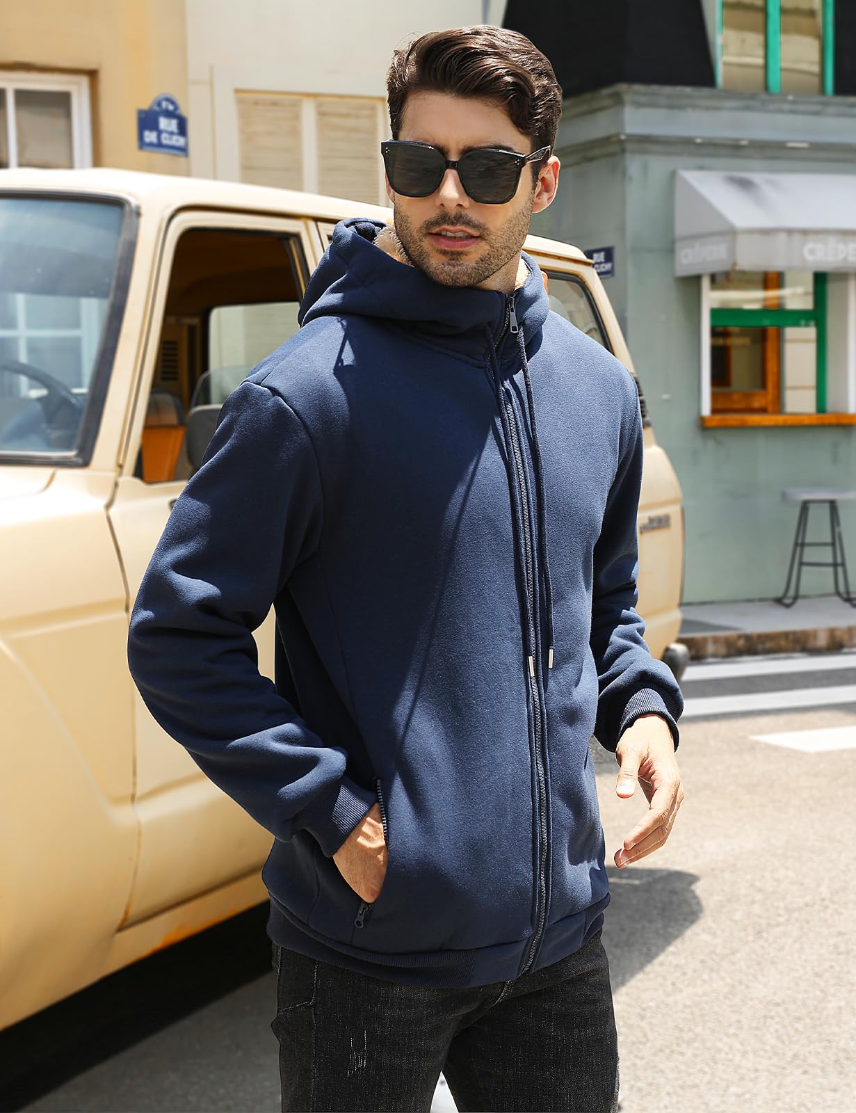 Sudadera con Capucha Hombre con Forro Polar Invierno Chaqueta Sudadera de Cremallera Completa Cómoda Manga Larga Informal Cálido Hoodie Abrigo con Bolsillo