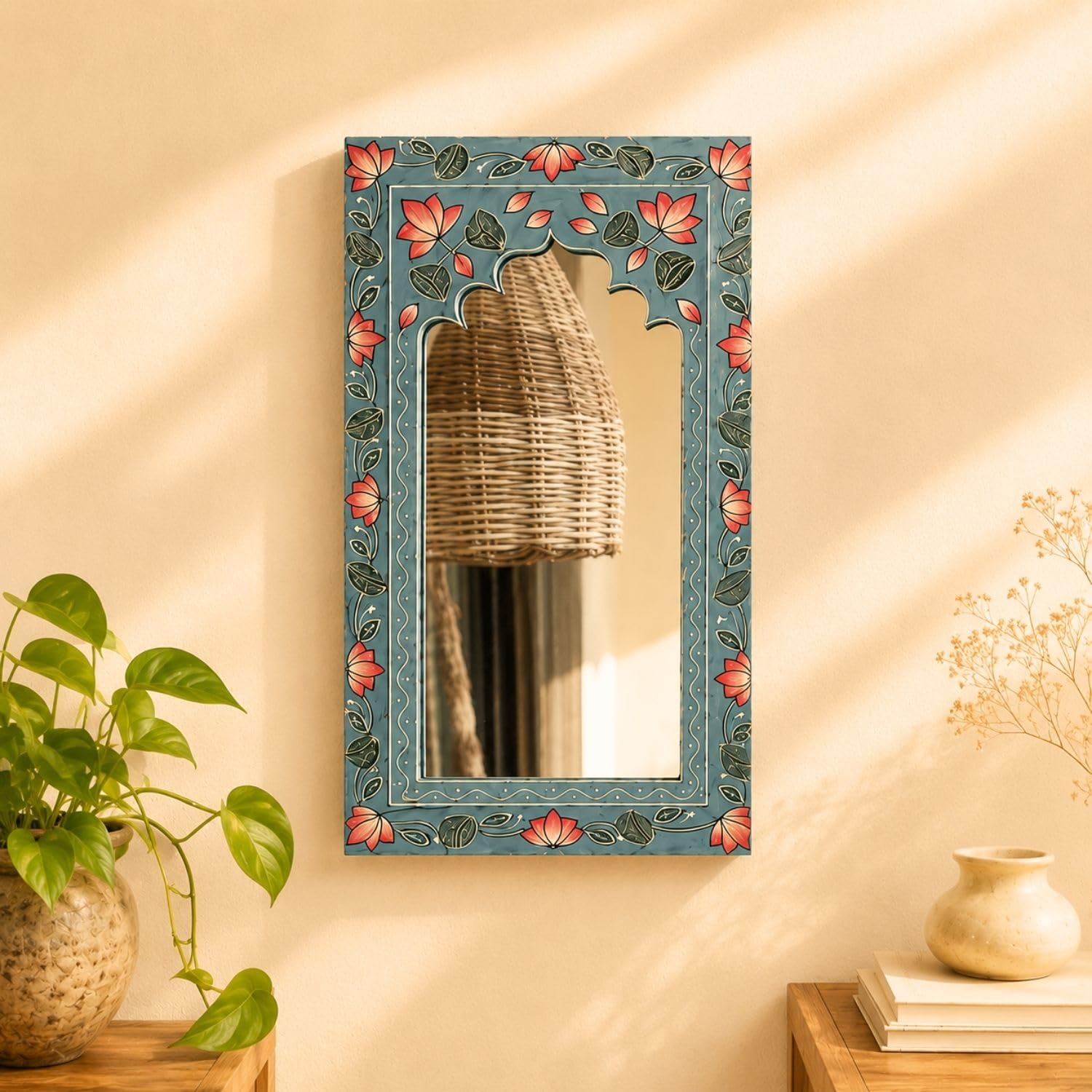 ATRANGI STUDIO Heritage Handpainted Wooden Mirror | Handcrafted Arch Mirror with Floral Motifs | Rajasthani Traditional Art | Statement Wall Hanging for Home, Bedroom | 18x9.5 Inch, Blue-picture-10