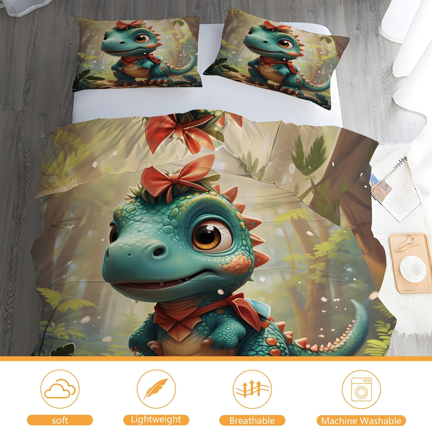 Niebiesko-zielony dinozaur poszwa na kołdrę 260x240cm, zielone rośliny zestaw pościeli, 3-częściowy zestaw miękkiej i oddychającej mikrofibry, 2 poszewki na poduszki 50 x 75 cm AN282