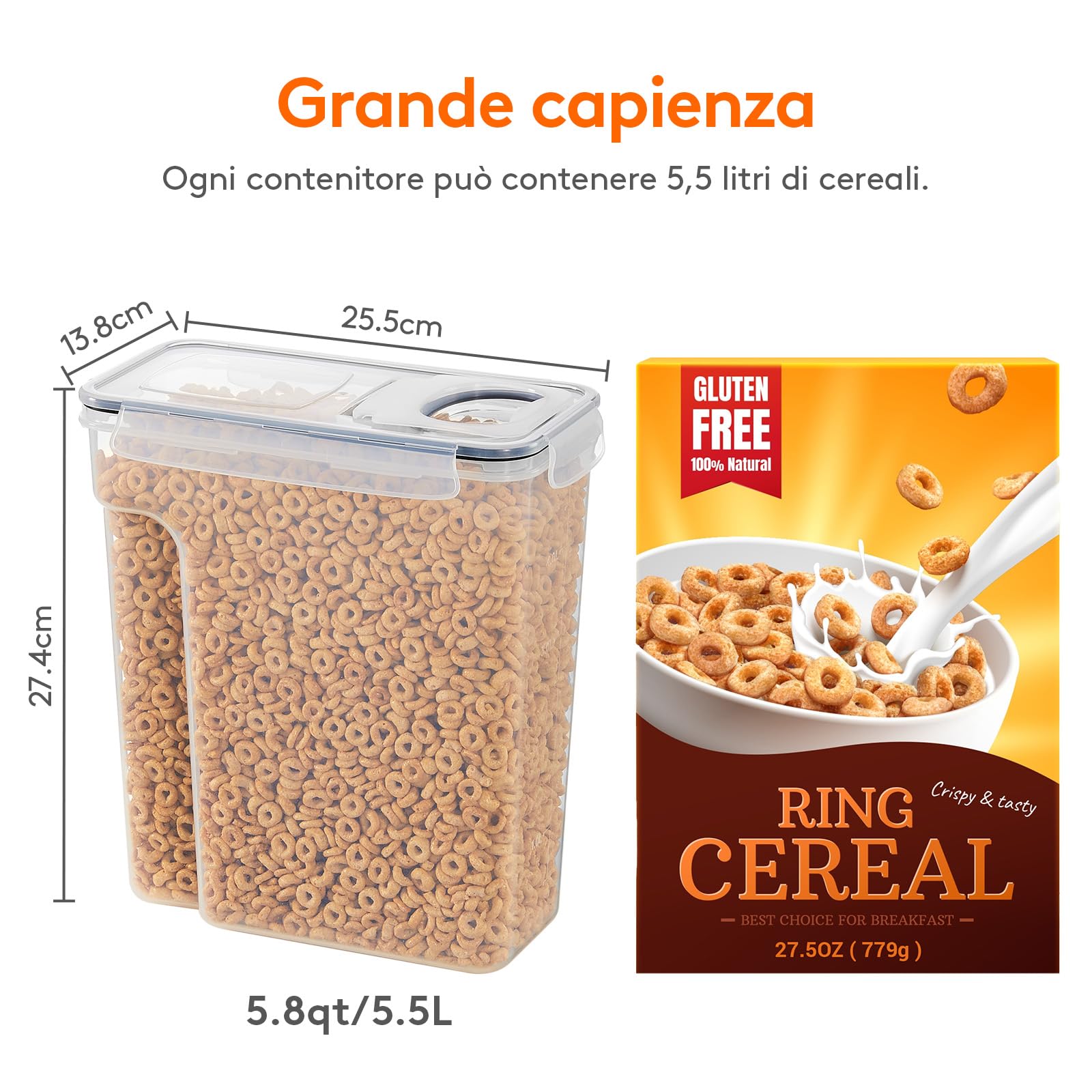 Lifewit 4 Contenitori Ermetici per Alimenti, Set Contenitori per Alimenti 5.5L, Contenitori Pasta Dispensa Salvaspazio, Contenitori Barattoli Cucina Accessori, Barattoli Pasta Plastica con Coperchio