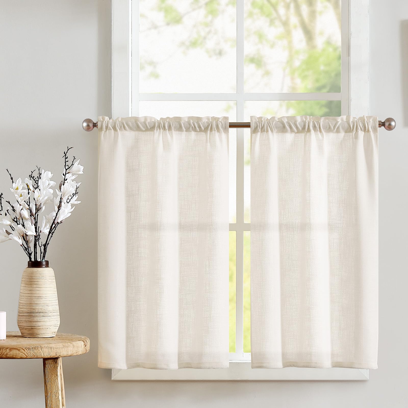 TOPICK Scheibengardinen Cream Weiß Leinenoptik Bistrogardine für Wohnzimmer Küche Fenster Lichtdurchlässig Küchenvorhänge Kurz Gardinen Moderne Landhaus Scheibengardinen Tunnelzug 2er Set 65x60 cm