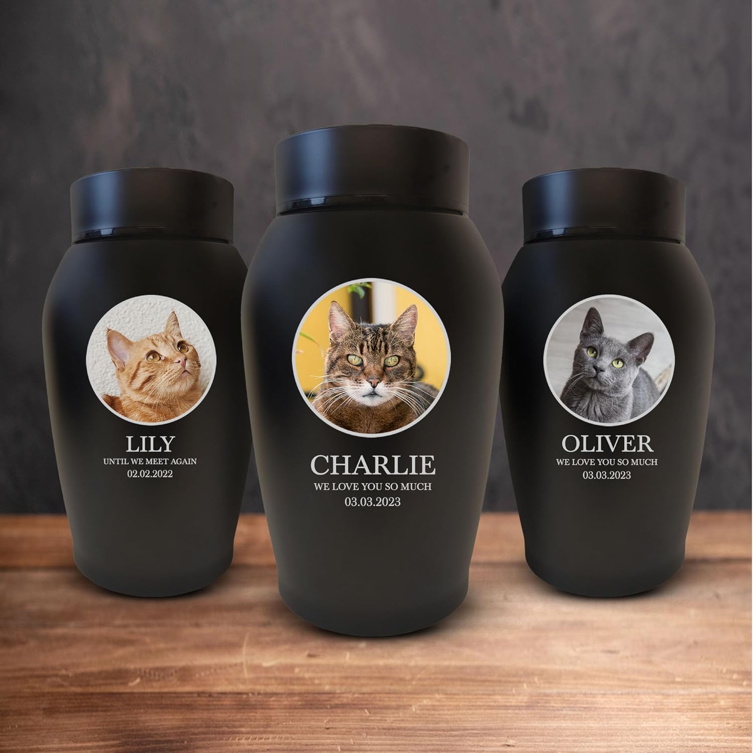 Personalized Custom Photo Cat Urn Engraved Cat Name and Date Stainless Steel Cremation Urns for Cats Ashes with Pet Photo and Designed Border | Pets Up to 15 Lbs | Small 5.2" x 3" | Black